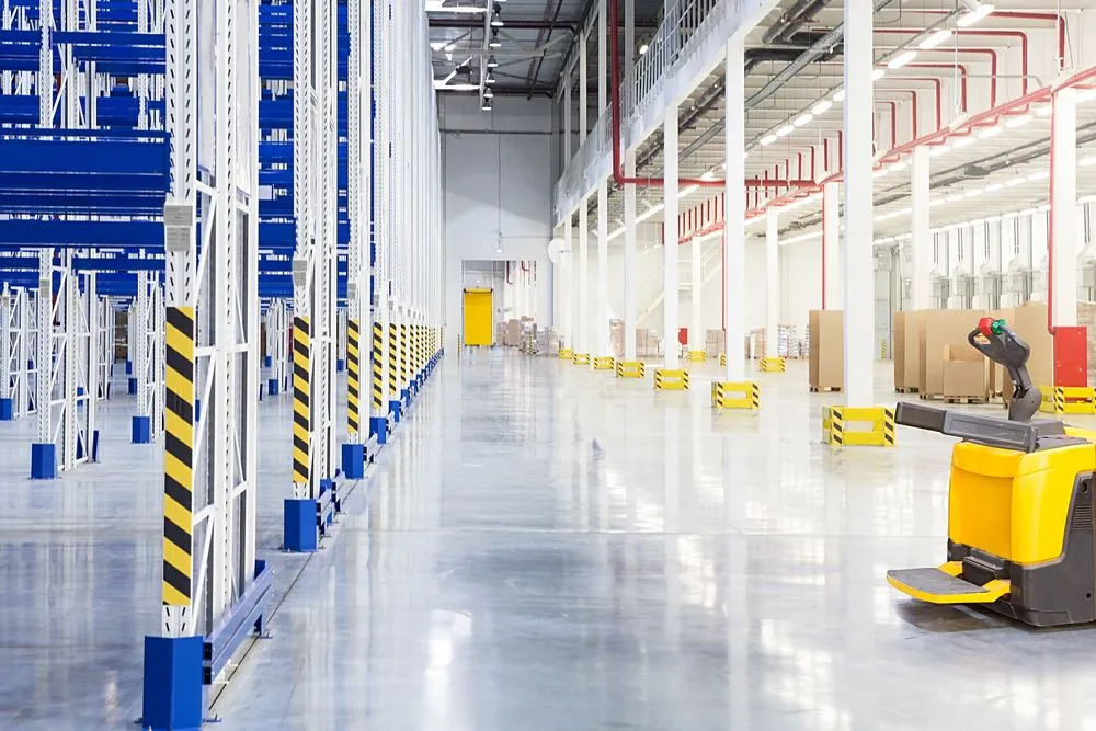 Corsia interna industriale con pavimentazione chiara e percorsi segnati