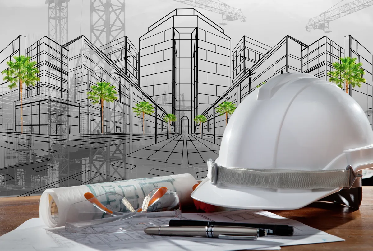Casco da cantiere su tavolo con disegni e documentazione tecnica